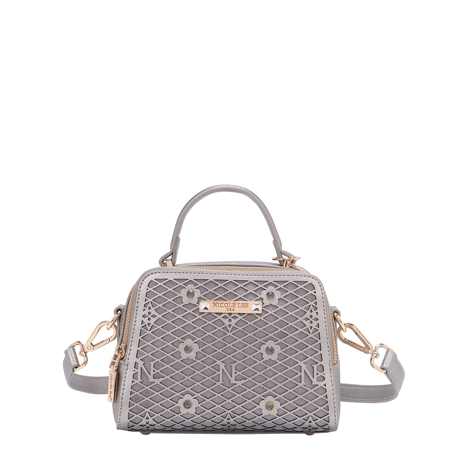 OUR MINI HANDBAG WITH LACER-CUT AND RHINESTONES DETAILS IN COLOR PEWTER WITH STRAP