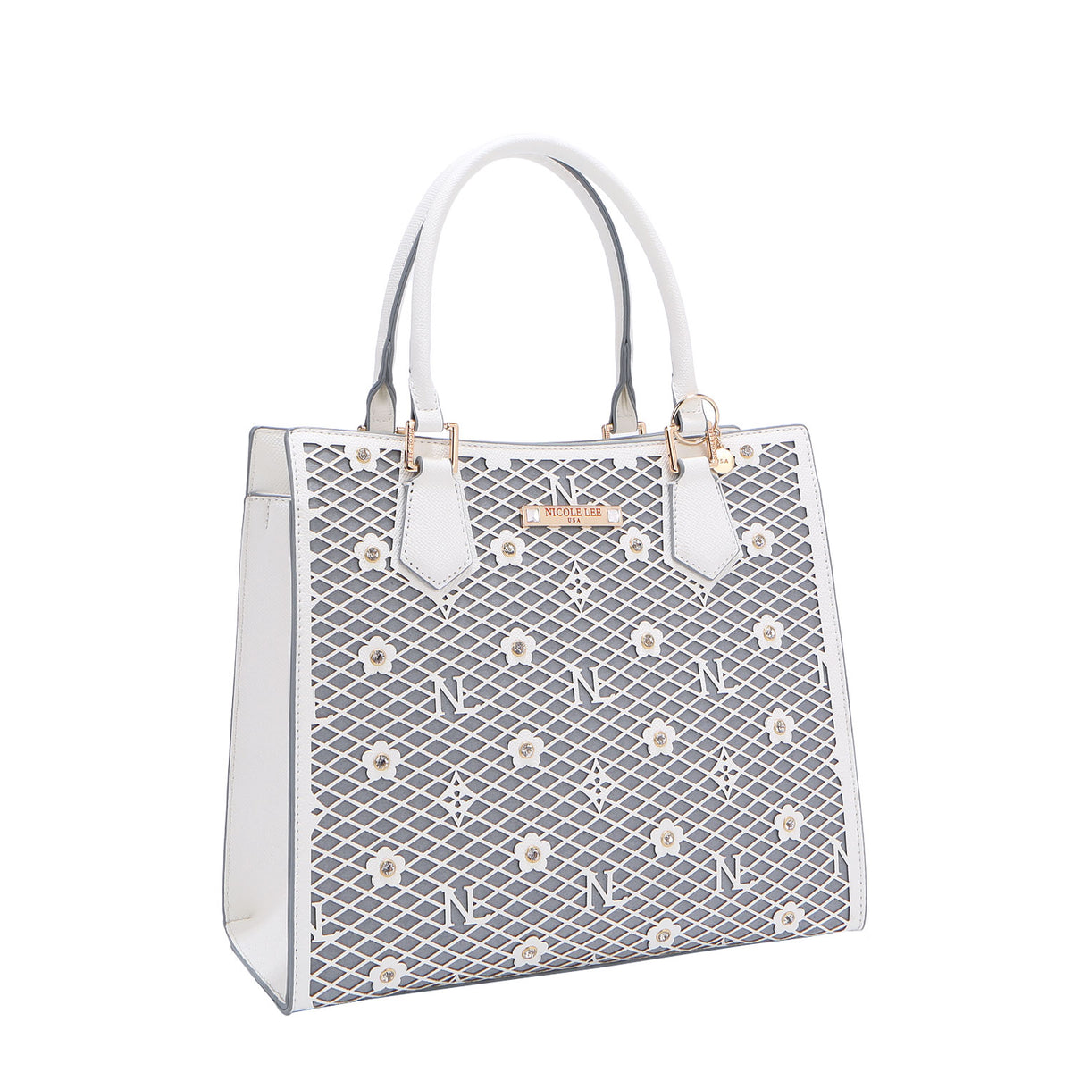 OUR GRACIE STRUCTURED TOTE WITH LACER-CUT AND RHINESTONES DETAILS IN COLOR WHITE.