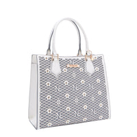 OUR GRACIE STRUCTURED TOTE WITH LACER-CUT AND RHINESTONES DETAILS IN COLOR WHITE.