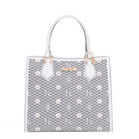 OUR GRACIE STRUCTURED TOTE WITH LACER-CUT AND RHINESTONES DETAILS IN COLOR WHITE.
