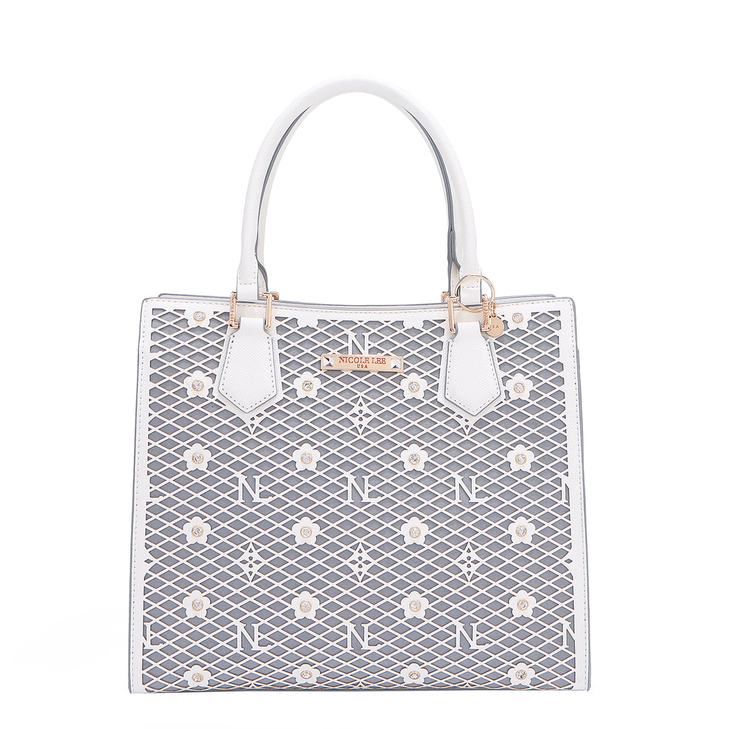 OUR GRACIE STRUCTURED TOTE WITH LACER-CUT AND RHINESTONES DETAILS IN COLOR WHITE.