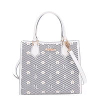OUR GRACIE STRUCTURED TOTE WITH LACER-CUT AND RHINESTONES DETAILS IN COLOR WHITE WITH STRAP.