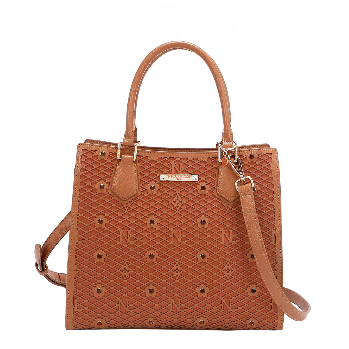 OUR GRACIE STRUCTURED TOTE WITH LACER-CUT AND RHINESTONES DETAILS IN COLOR BROWN WITH STRAP