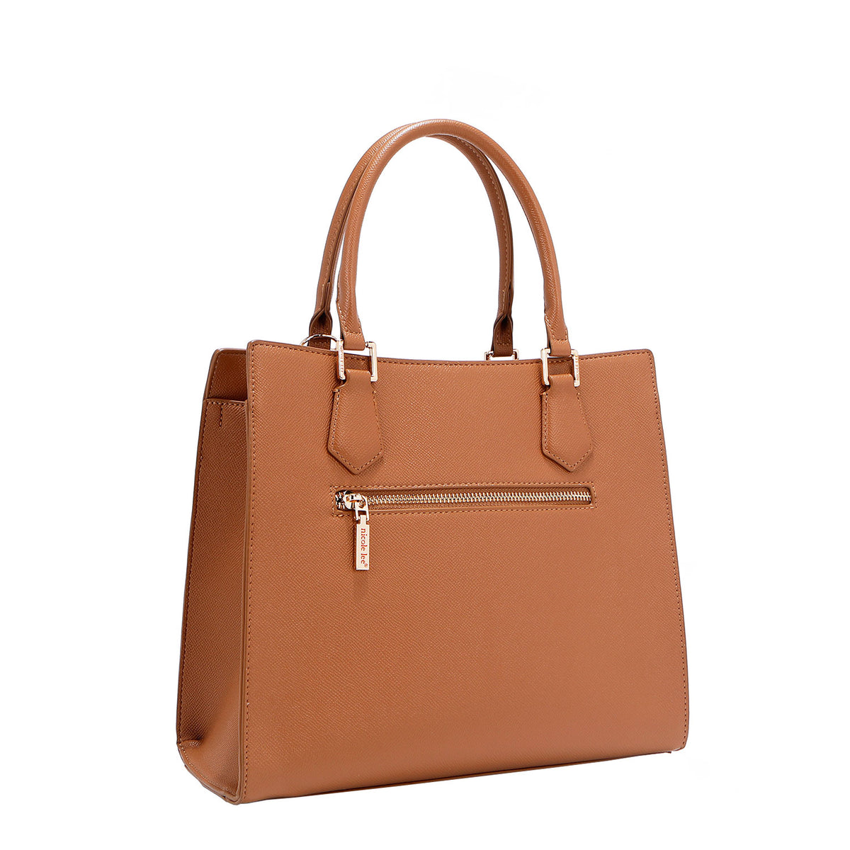 BACK OF OUR GRACIE STRUCTURED TOTE MADE WITH VEGAN LEATHER EXTERIOR.