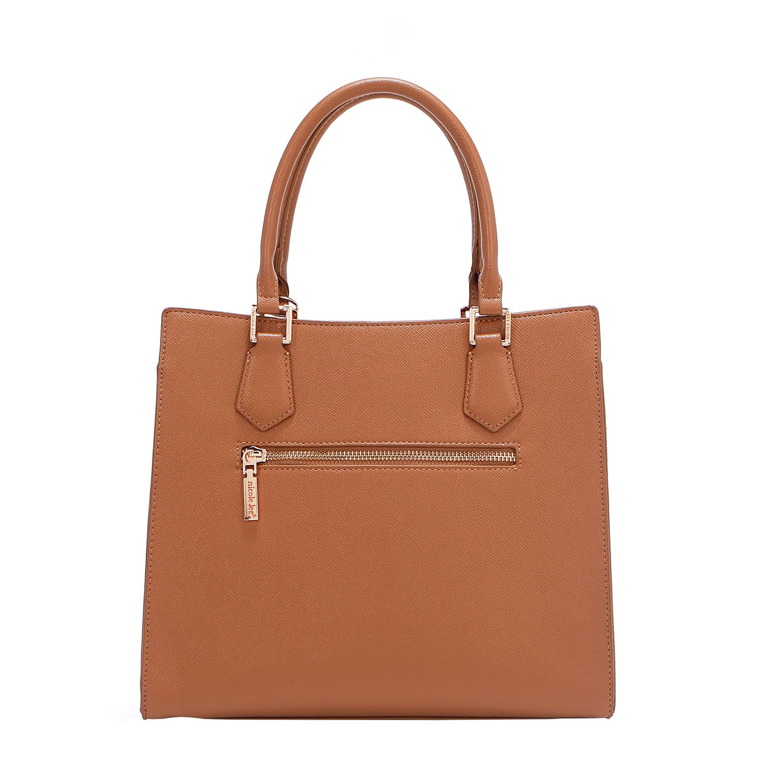 BACK OF OUR GRACIE STRUCTURED TOTE MADE WITH VEGAN LEATHER EXTERIOR.