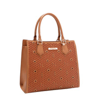 OUR GRACIE STRUCTURED TOTE WITH LACER-CUT AND RHINESTONES DETAILS IN COLOR BROWN.