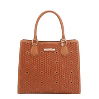 OUR GRACIE STRUCTURED TOTE WITH LACER-CUT AND RHINESTONES DETAILS IN COLOR BROWN.