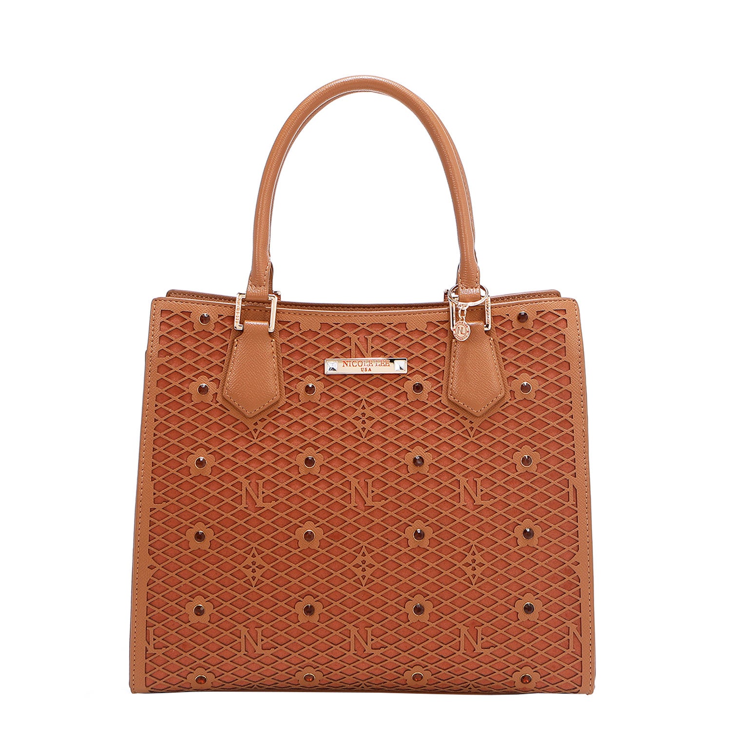 OUR GRACIE STRUCTURED TOTE WITH LACER-CUT AND RHINESTONES DETAILS IN COLOR BROWN.