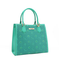 OUR GRACIE STRUCTURED TOTE WITH LACER-CUT AND RHINESTONES DETAILS IN COLOR EMERALD.