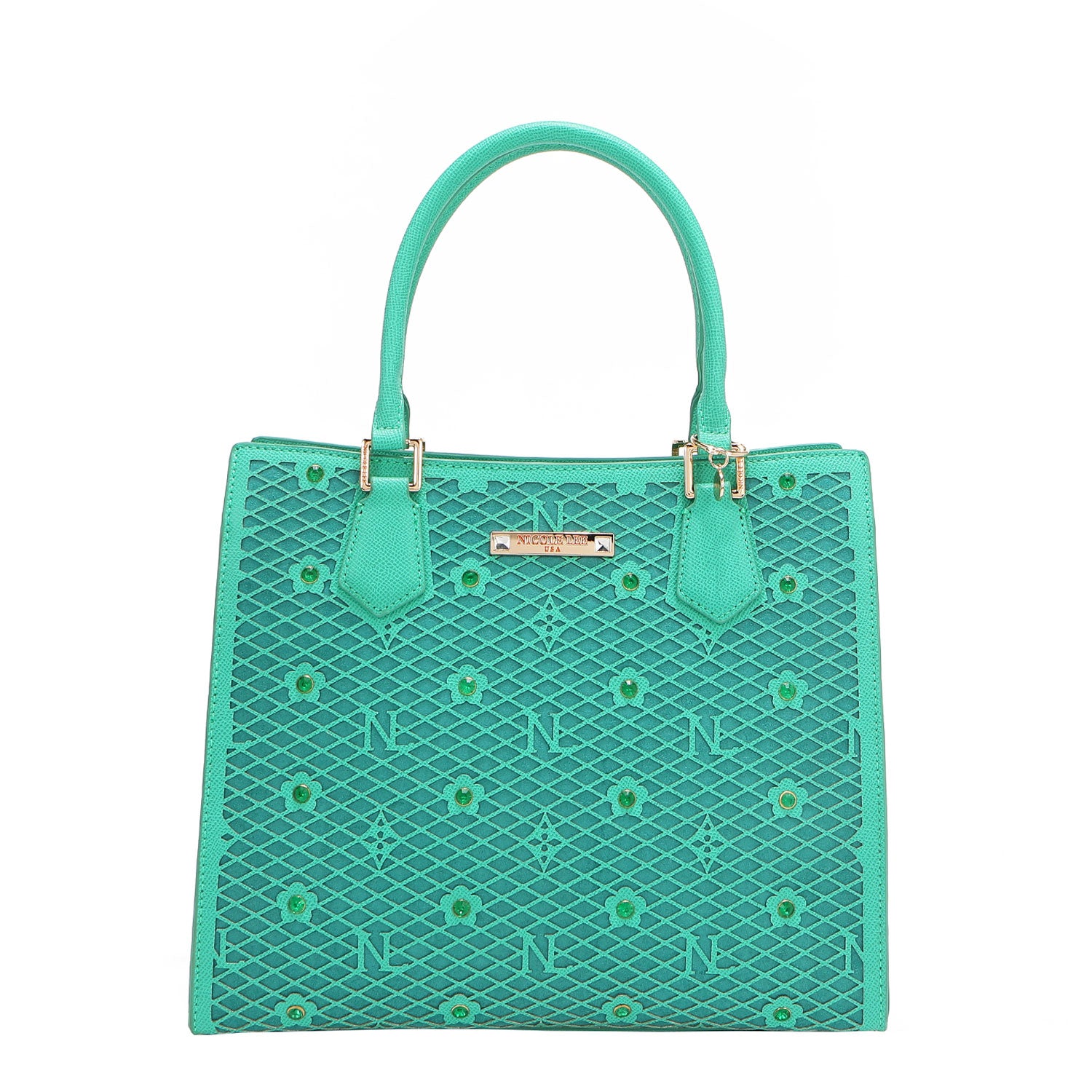 OUR GRACIE STRUCTURED TOTE WITH LACER-CUT AND RHINESTONES DETAILS IN COLOR EMERALD.