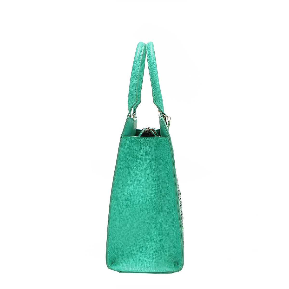 OUR GRACIE STRUCTURED TOTE WITH LACER-CUT AND RHINESTONES DETAILS IN COLOR EMERALD.
