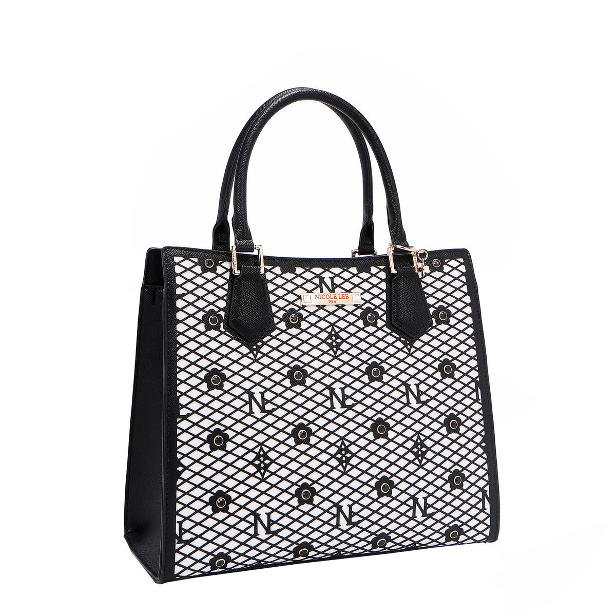 OUR GRACIE STRUCTURED TOTE WITH LACER-CUT AND RHINESTONES DETAILS IN COLOR BLACK.