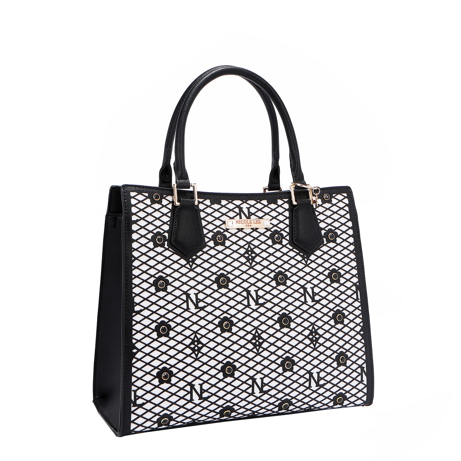 OUR GRACIE STRUCTURED TOTE WITH LACER-CUT AND RHINESTONES DETAILS IN COLOR BLACK.