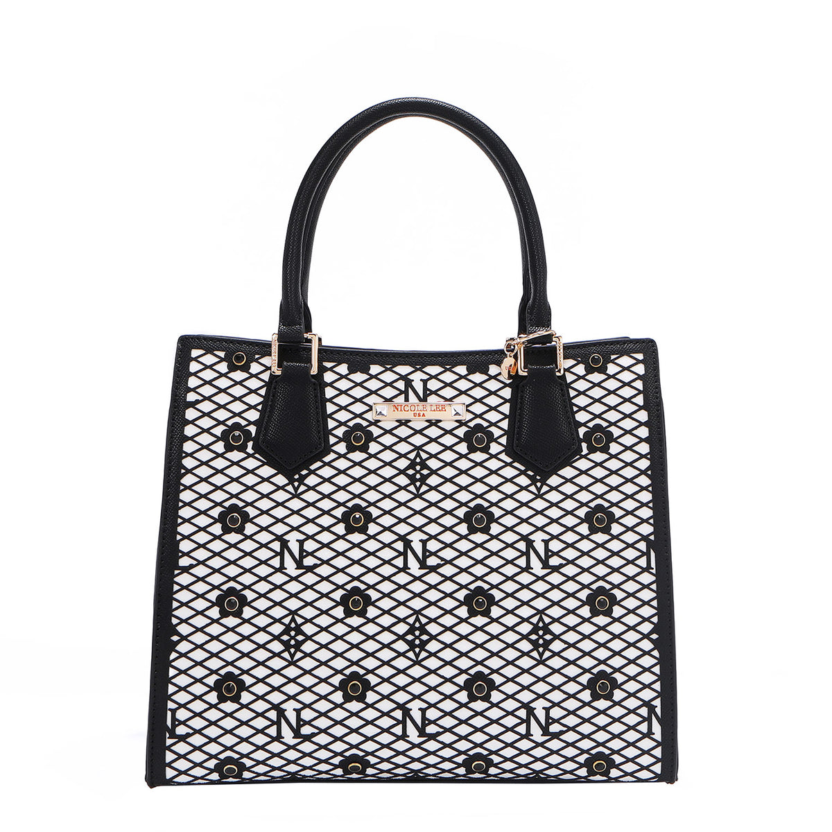 OUR GRACIE STRUCTURED TOTE WITH LACER-CUT AND RHINESTONES DETAILS IN COLOR BLACK.