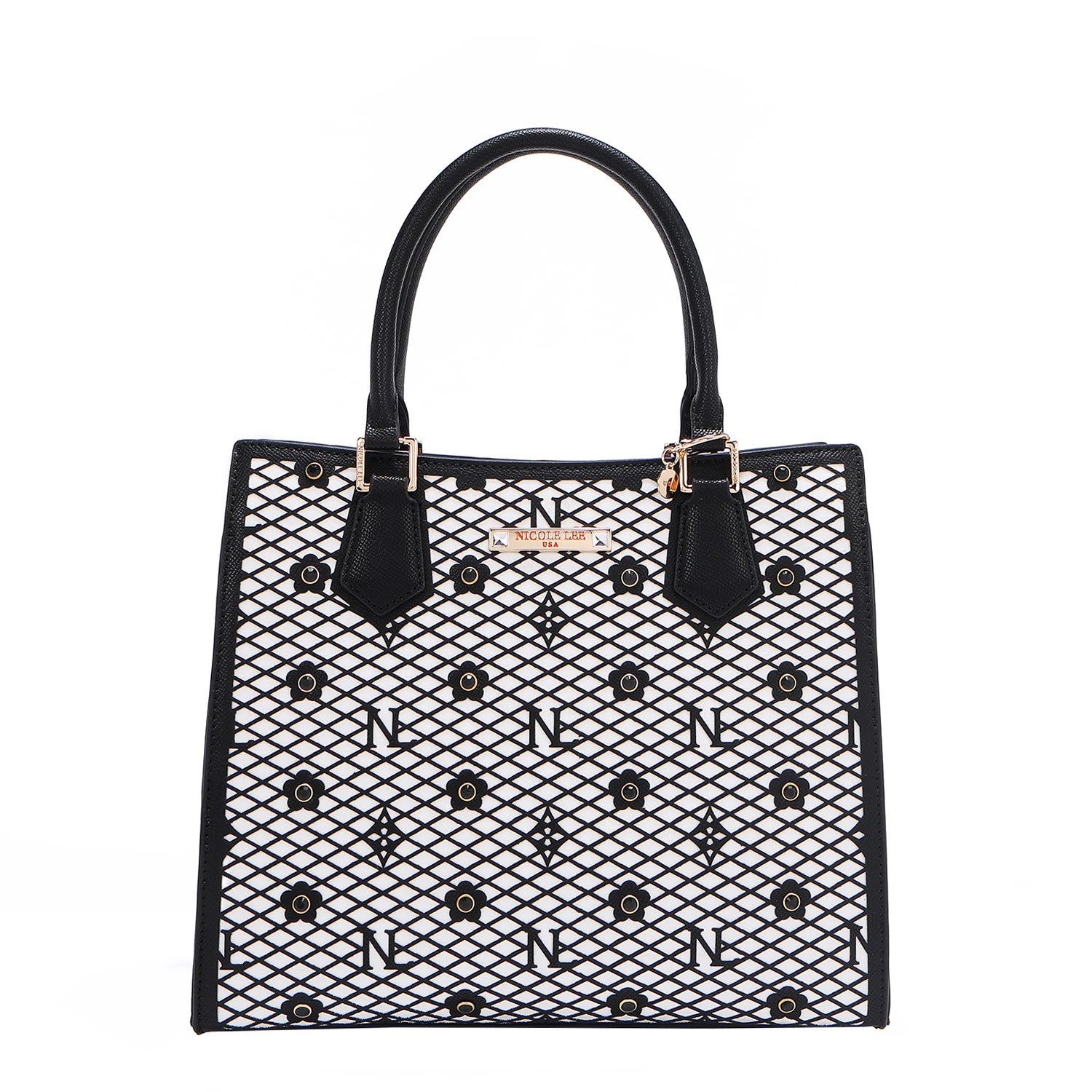 OUR GRACIE STRUCTURED TOTE WITH LACER-CUT AND RHINESTONES DETAILS IN COLOR BLACK.