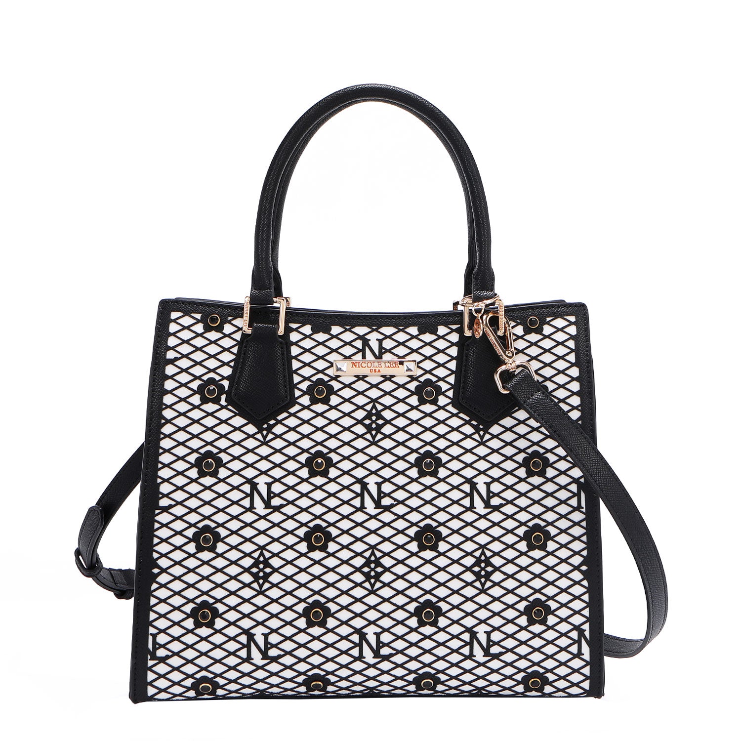 OUR GRACIE STRUCTURED TOTE WITH LACER-CUT AND RHINESTONES DETAILS IN COLOR BLACK WITH STRAP.