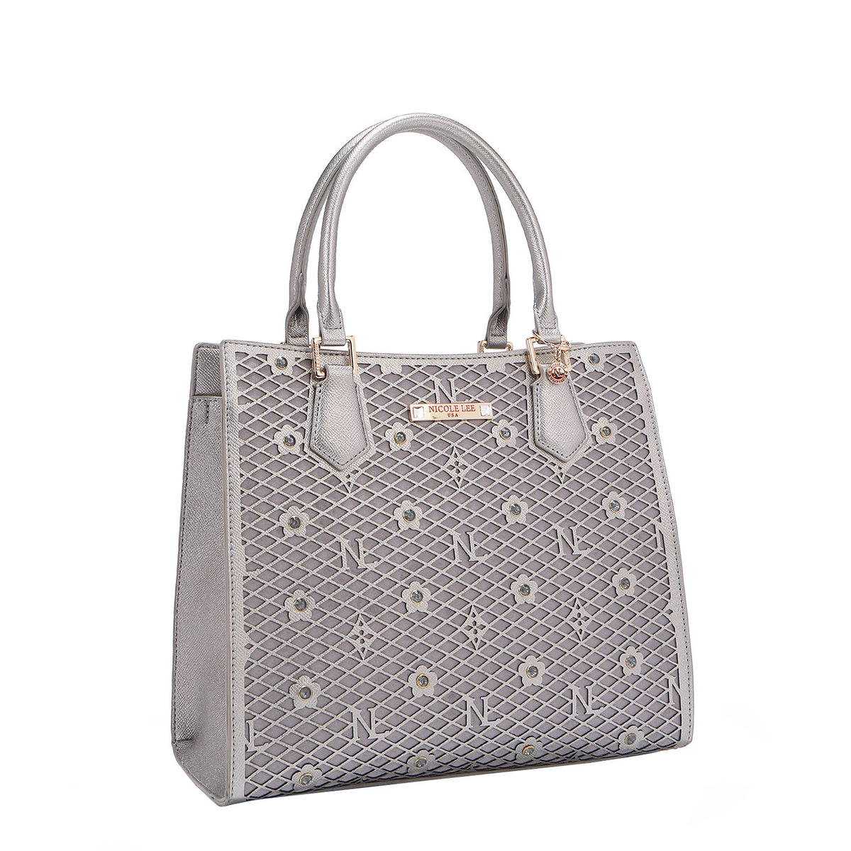 OUR GRACIE STRUCTURED TOTE WITH LACER-CUT AND RHINESTONES DETAILS IN COLOR PEWTER.