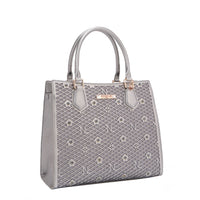 OUR GRACIE STRUCTURED TOTE WITH LACER-CUT AND RHINESTONES DETAILS IN COLOR PEWTER.