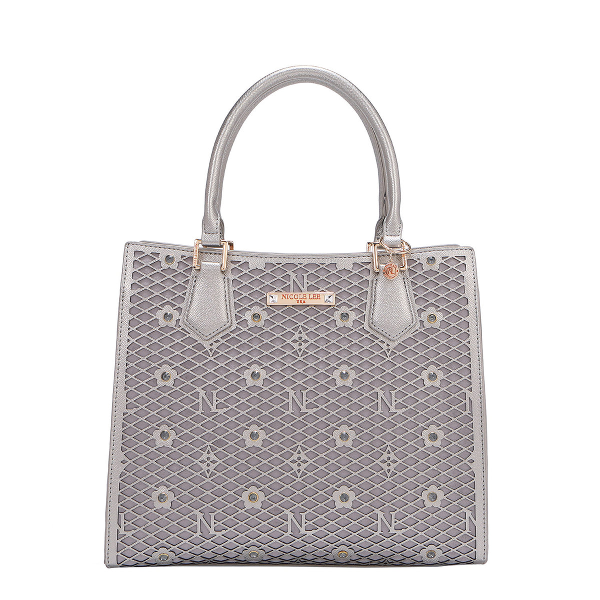 OUR GRACIE STRUCTURED TOTE WITH LACER-CUT AND RHINESTONES DETAILS IN COLOR PEWTER.