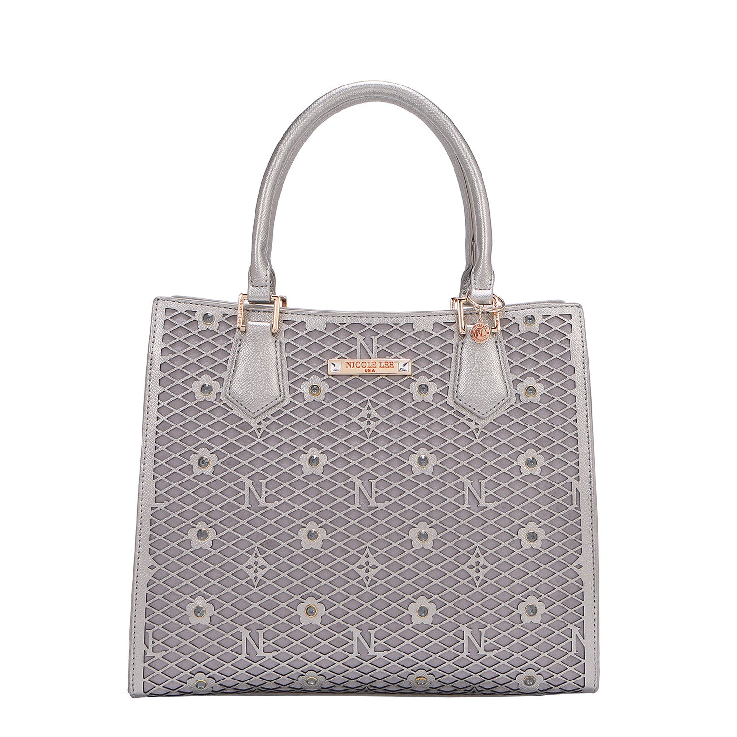OUR GRACIE STRUCTURED TOTE WITH LACER-CUT AND RHINESTONES DETAILS IN COLOR PEWTER.
