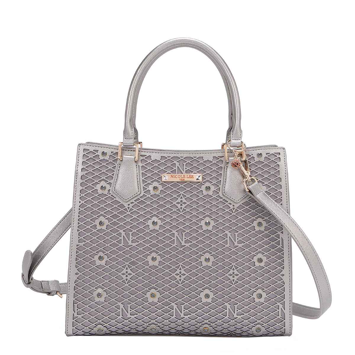 OUR GRACIE STRUCTURED TOTE WITH LACER-CUT AND RHINESTONES DETAILS IN COLOR PEWTER WITH STRAP.