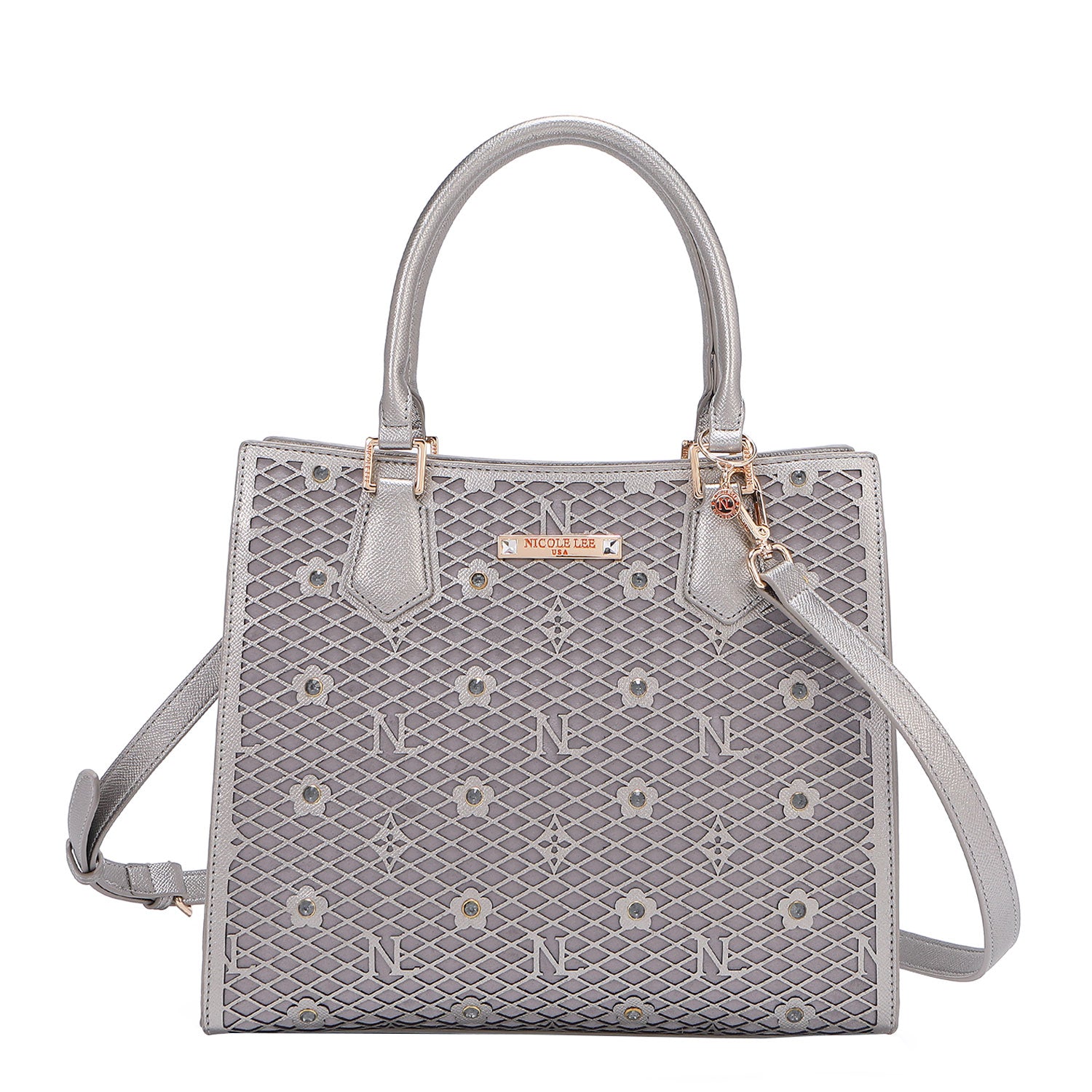 OUR GRACIE STRUCTURED TOTE WITH LACER-CUT AND RHINESTONES DETAILS IN COLOR PEWTER WITH STRAP.