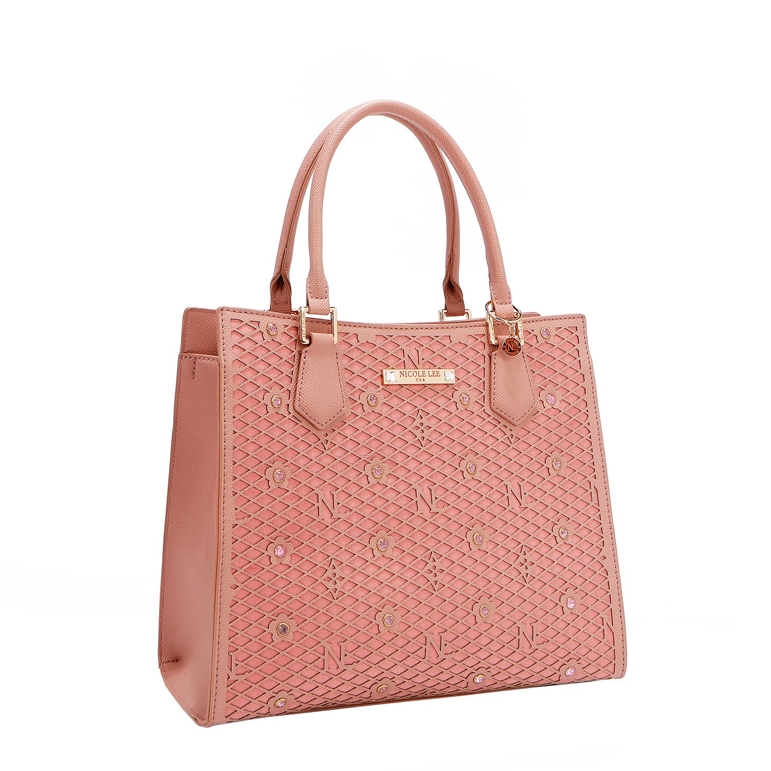 OUR GRACIE STRUCTURED TOTE WITH LACER-CUT AND RHINESTONES DETAILS IN COLOR PINK.