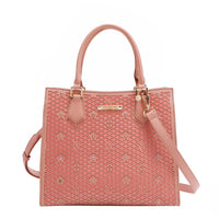 OUR GRACIE STRUCTURED TOTE WITH LACER-CUT AND RHINESTONES DETAILS IN COLOR PINK WITH STRAP.