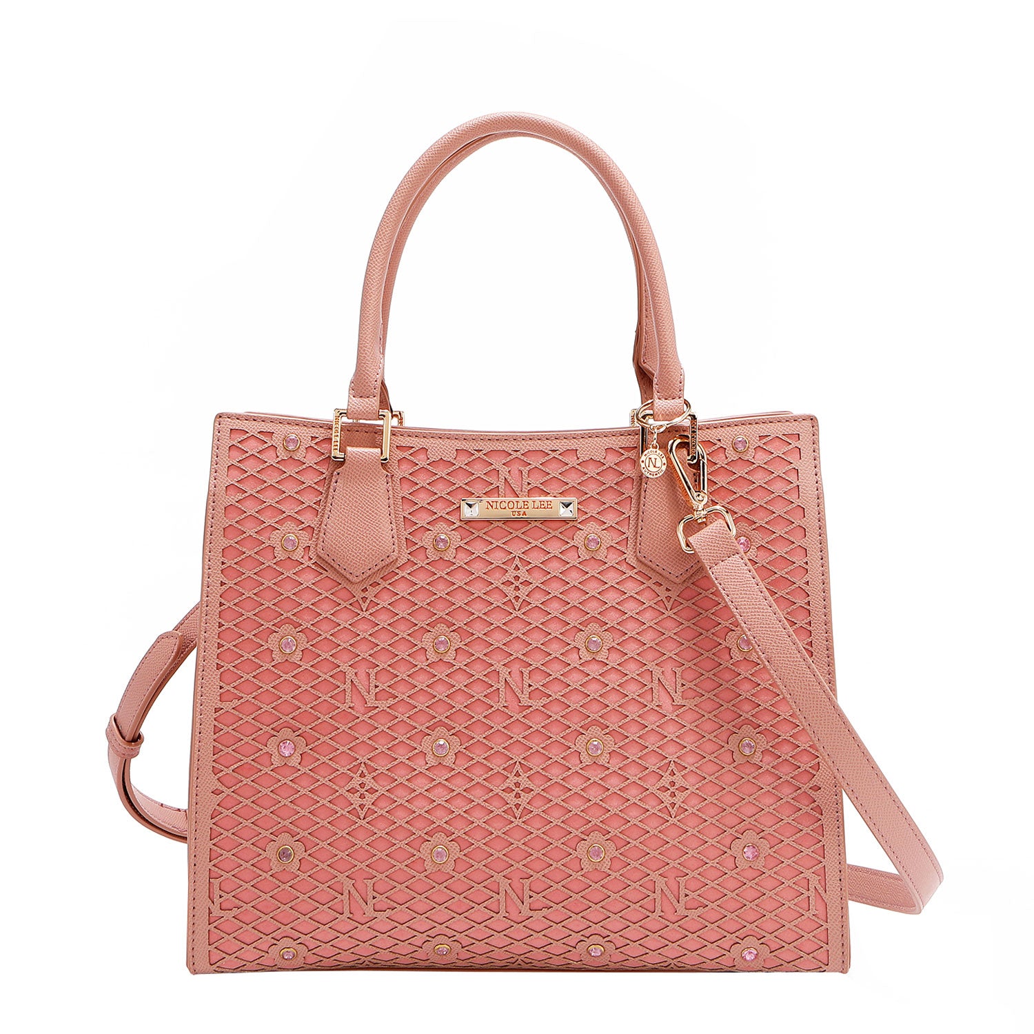 OUR GRACIE STRUCTURED TOTE WITH LACER-CUT AND RHINESTONES DETAILS IN COLOR PINK WITH STRAP.