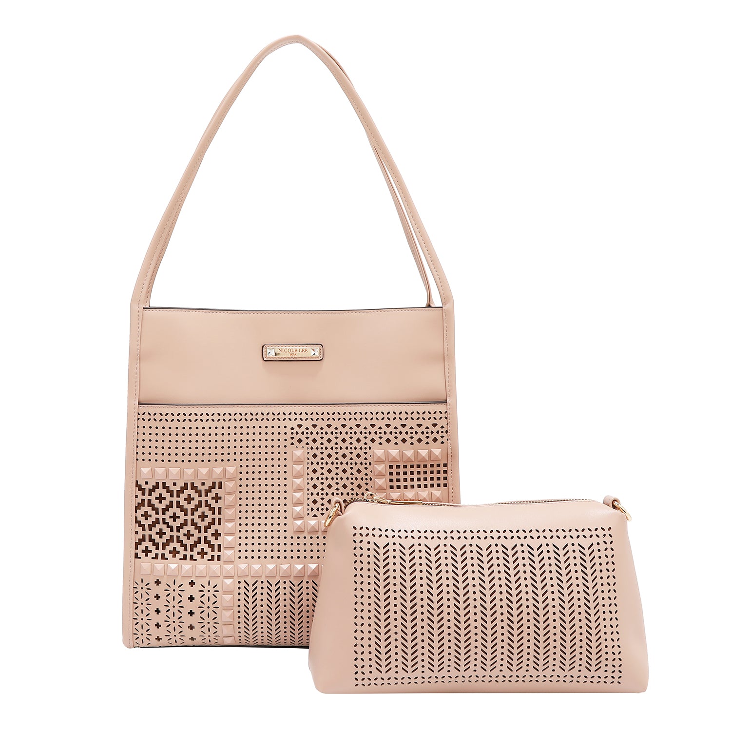 Geometric Cutout Tote Bag with Removable Pouch, 2 Piece Set, Vegan