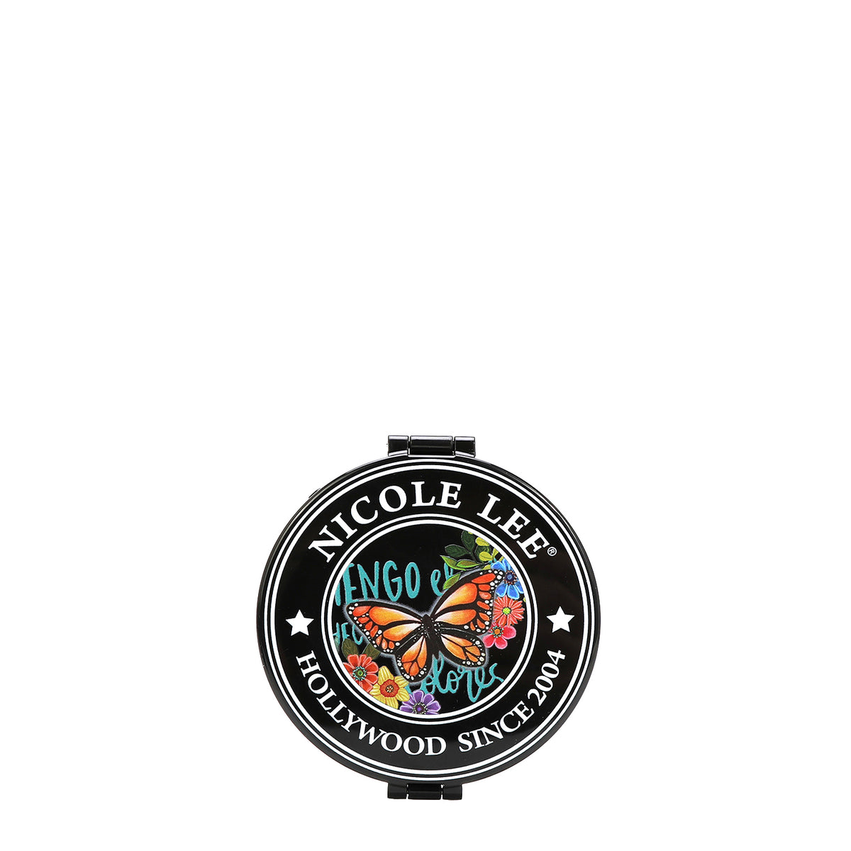 THE BACK OF THE MIRROR HAS THE NICOLE LEE SEAL IN OUR ALMA DE COLORES DESIGN. IN THE MIDDLED IS A MONARCH BUTTERFLY WITH FLOWERS.