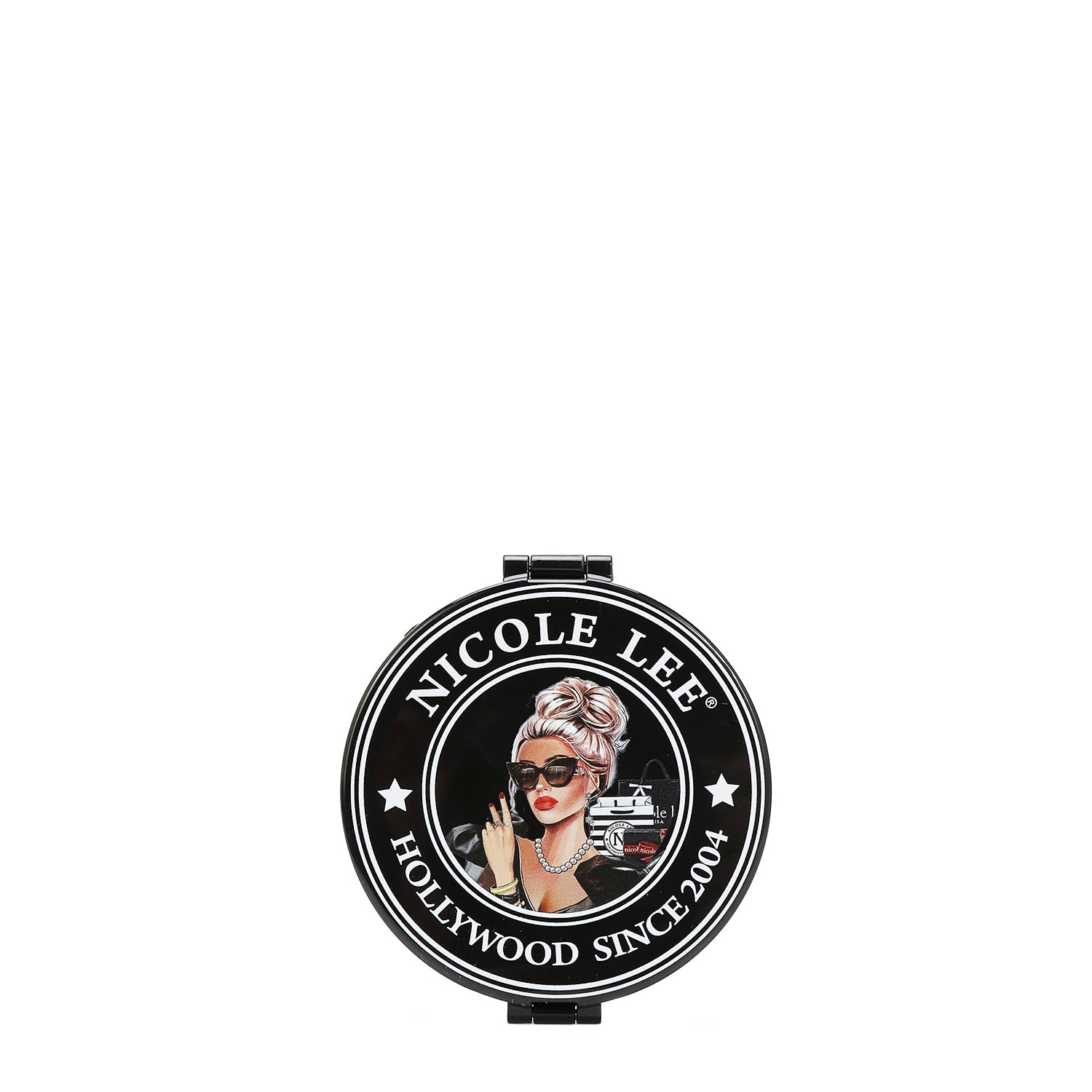 THE BACK OF THE MIRROR HAS THE NICOLE LEE SEAL IN OUR LADY IN BLACK DESIGN.