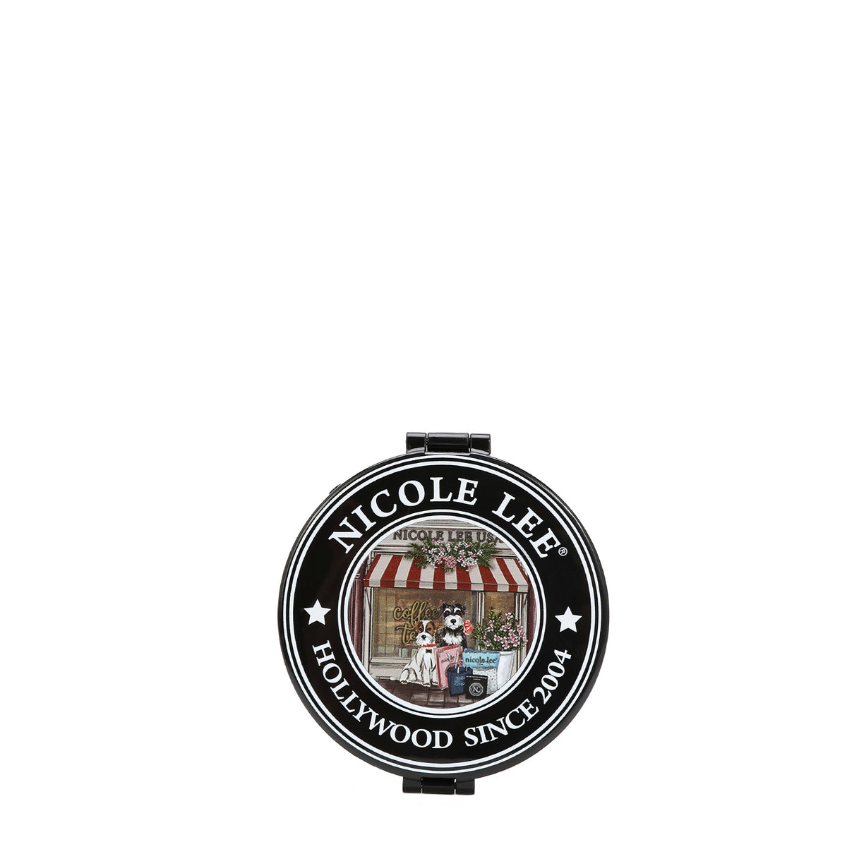 THE BACK OF THE MIRROR HAS THE NICOLE LEE SEAL , IN THE MIDDLE THERE'S 2 SCHNAUZER DOGS IN FRONT OF A COFFEE SHOP.