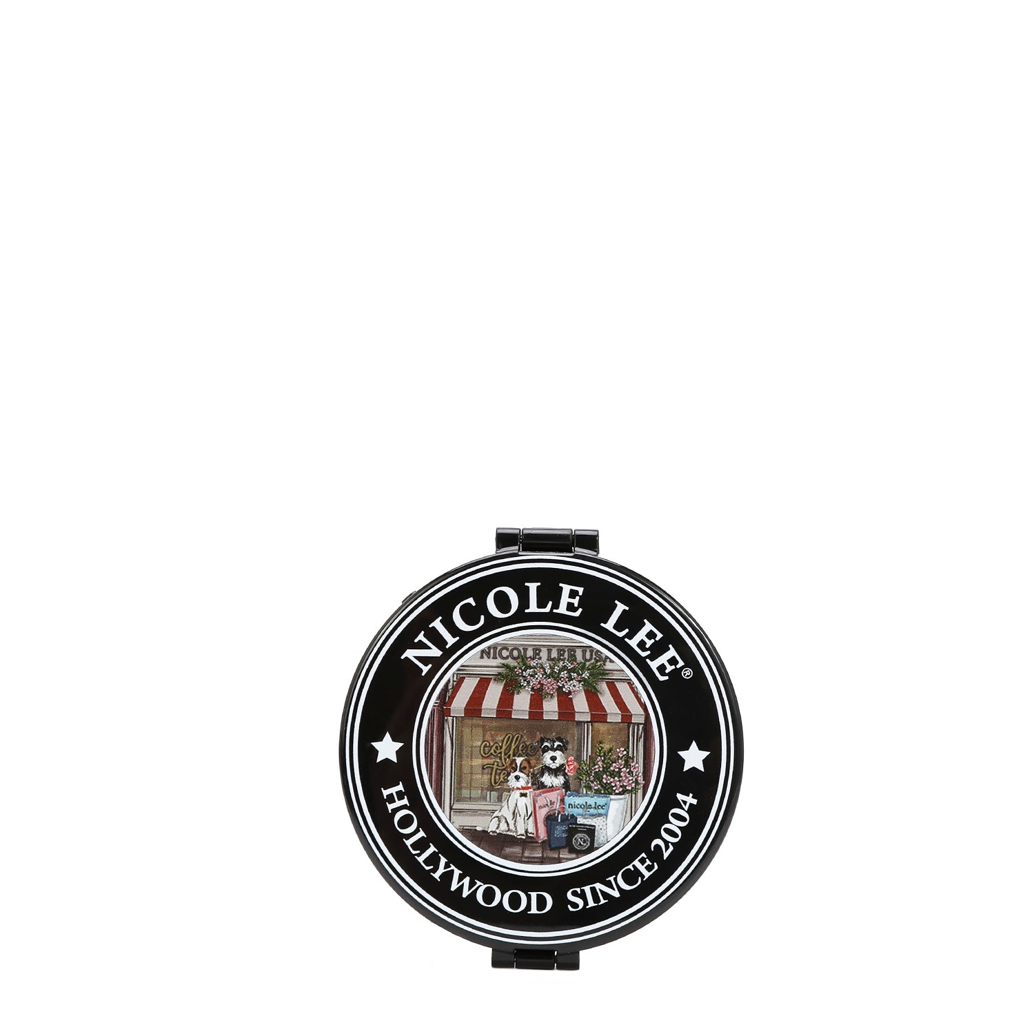 THE BACK OF THE MIRROR HAS THE NICOLE LEE SEAL , IN THE MIDDLE THERE'S 2 SCHNAUZER DOGS IN FRONT OF A COFFEE SHOP.