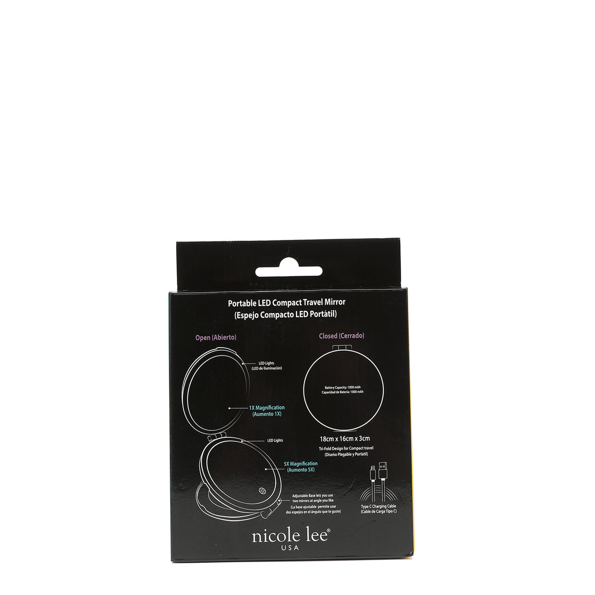 THE FRONT OF THE BOX IS BLACK, AND DESCRIBES THE PARTS OF THE MIRROR.