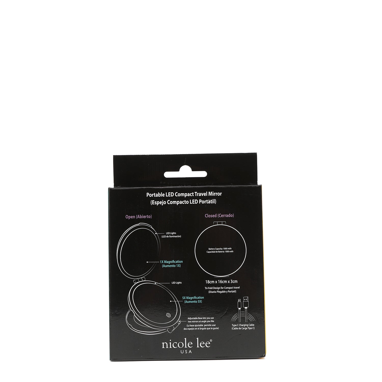 THE FRONT OF THE BOX IS BLACK, AND DESCRIBES THE PARTS OF THE MIRROR.