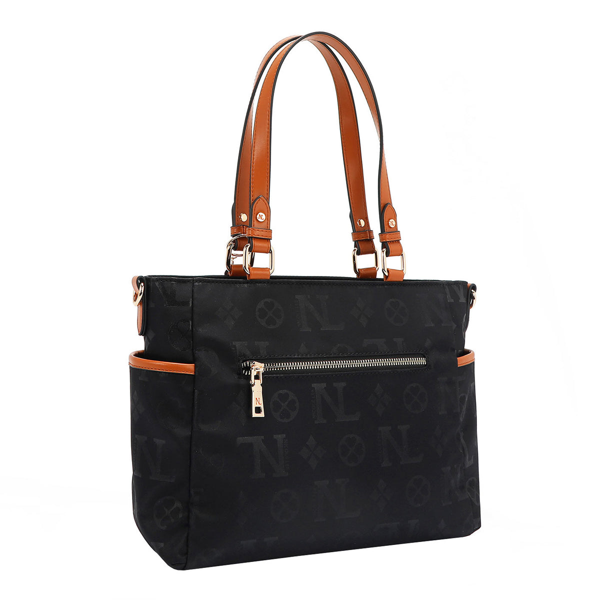THE BACK OF OUR MARGOT TOTE BAG WITH BACK ZIP POCKET.