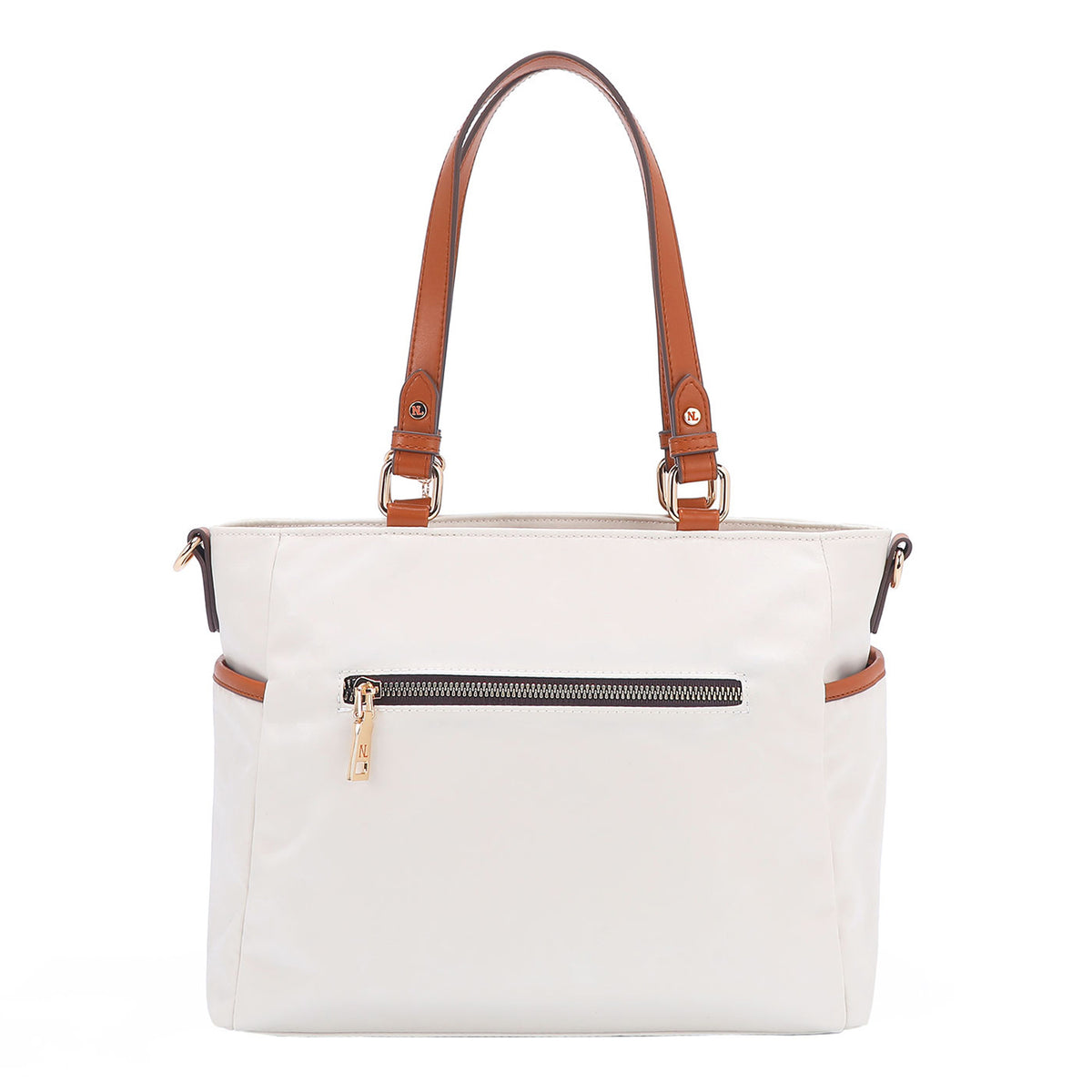 THE BACK OF OUR MARGOT TOTE BAG WITH BACK ZIP POCKET.