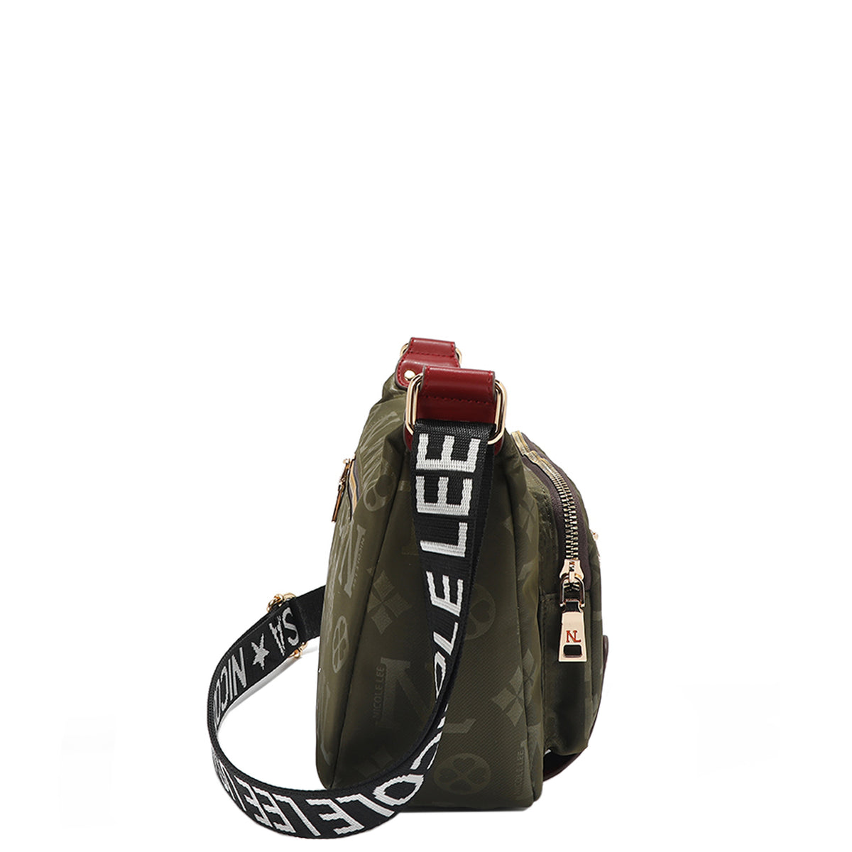 OUR NICOLE LEE MARGOT SHOULDER BAG IN OLIVE COLOR WITH MAIN ZIP TOP CLOSURE, FRONT ZIP COMPARTMENT, ADN ADJUSTABLE SHOULDER STRAP