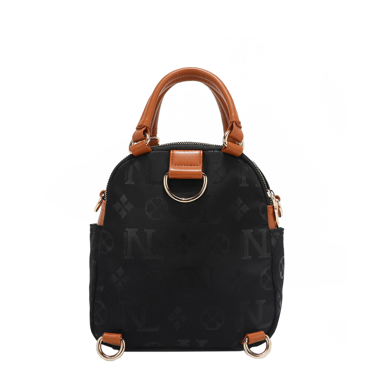 OUR NICOLE LEE MARGOT MULTI-WEAR DOME BAG IN BLACK. THE BACK HAS D-RINGS FOR BACKPACK OR CROSSBODY WEAR.