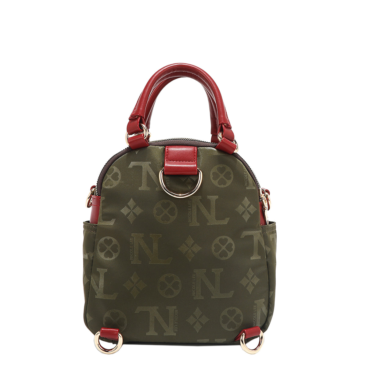 OUR NICOLE LEE MARGOT MULTI-WEAR DOME BAG IN OLIVE. HE BACK HAS D-RINGS FOR BACKPACK 