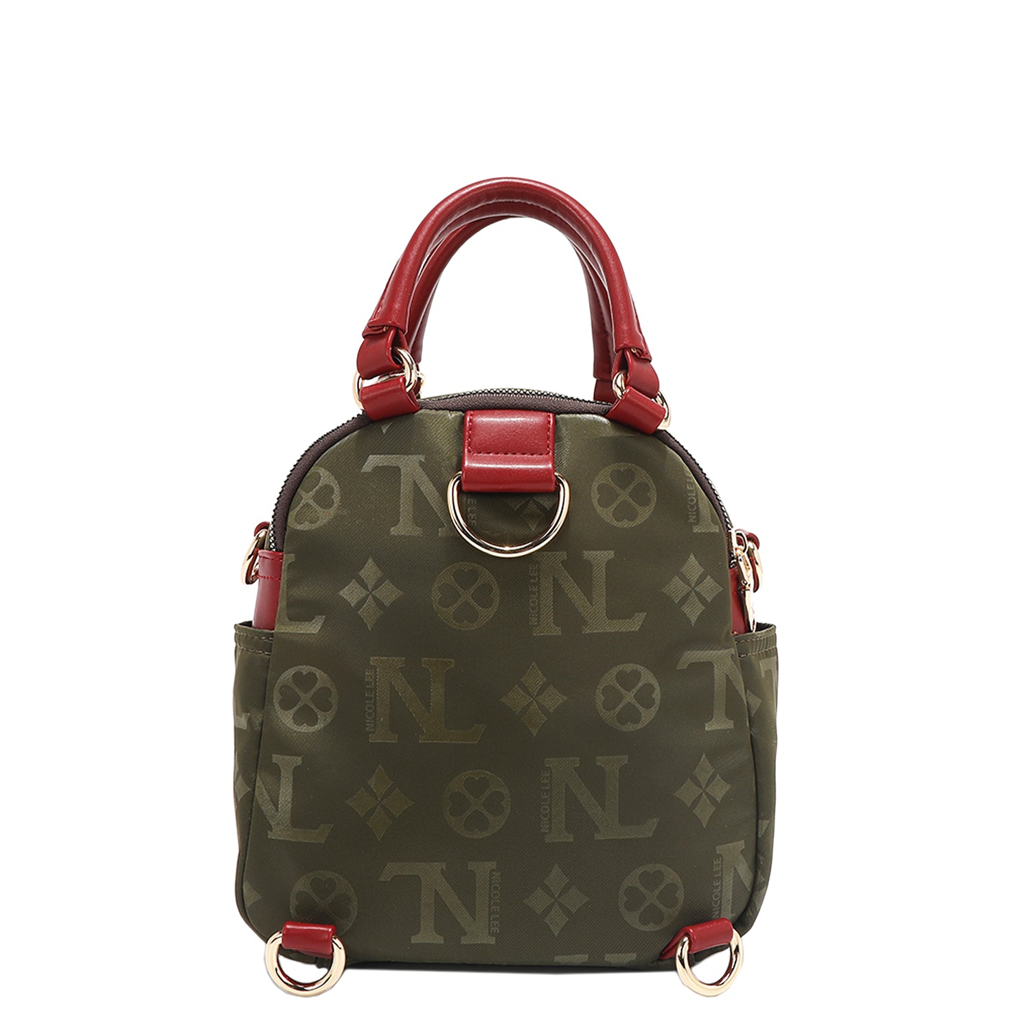 OUR NICOLE LEE MARGOT MULTI-WEAR DOME BAG IN OLIVE. HE BACK HAS D-RINGS FOR BACKPACK 