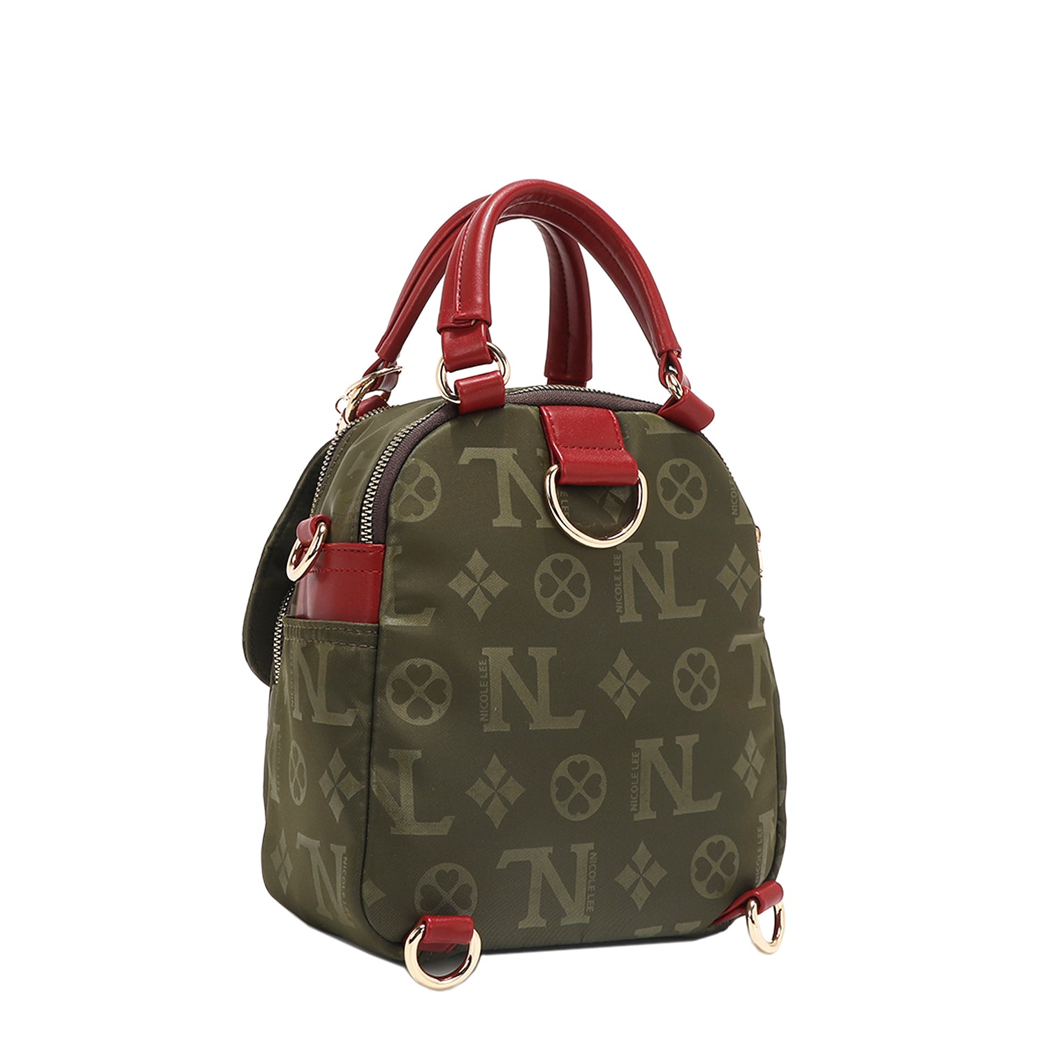 OUR NICOLE LEE MARGOT MULTI-WEAR DOME BAG IN OLIVE. HE BACK HAS D-RINGS FOR BACKPACK 