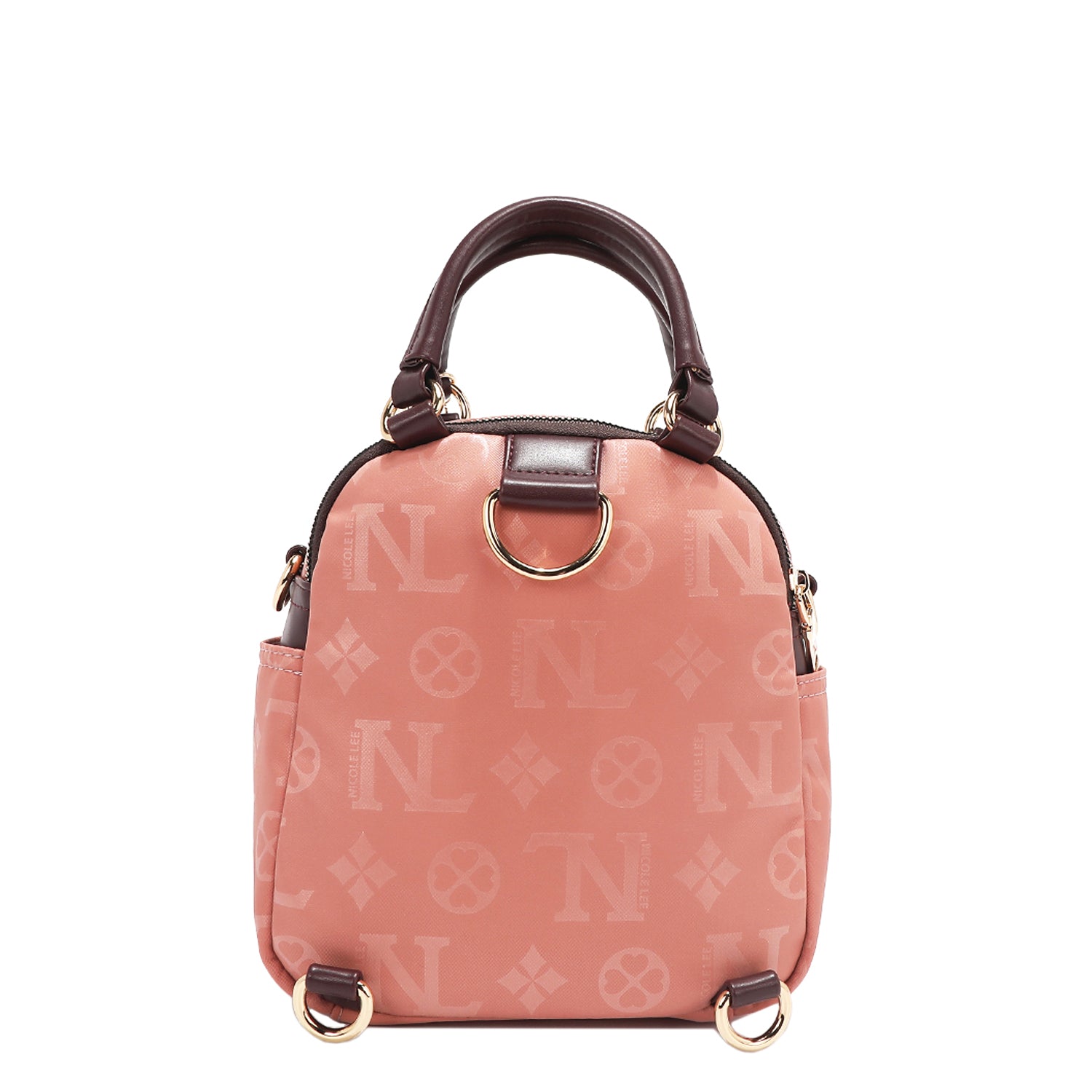 OUR NICOLE LEE MARGOT MULTI-WEAR DOME BAG IN PINK. HE BACK HAS d-RINGS FOR BACKPACK 