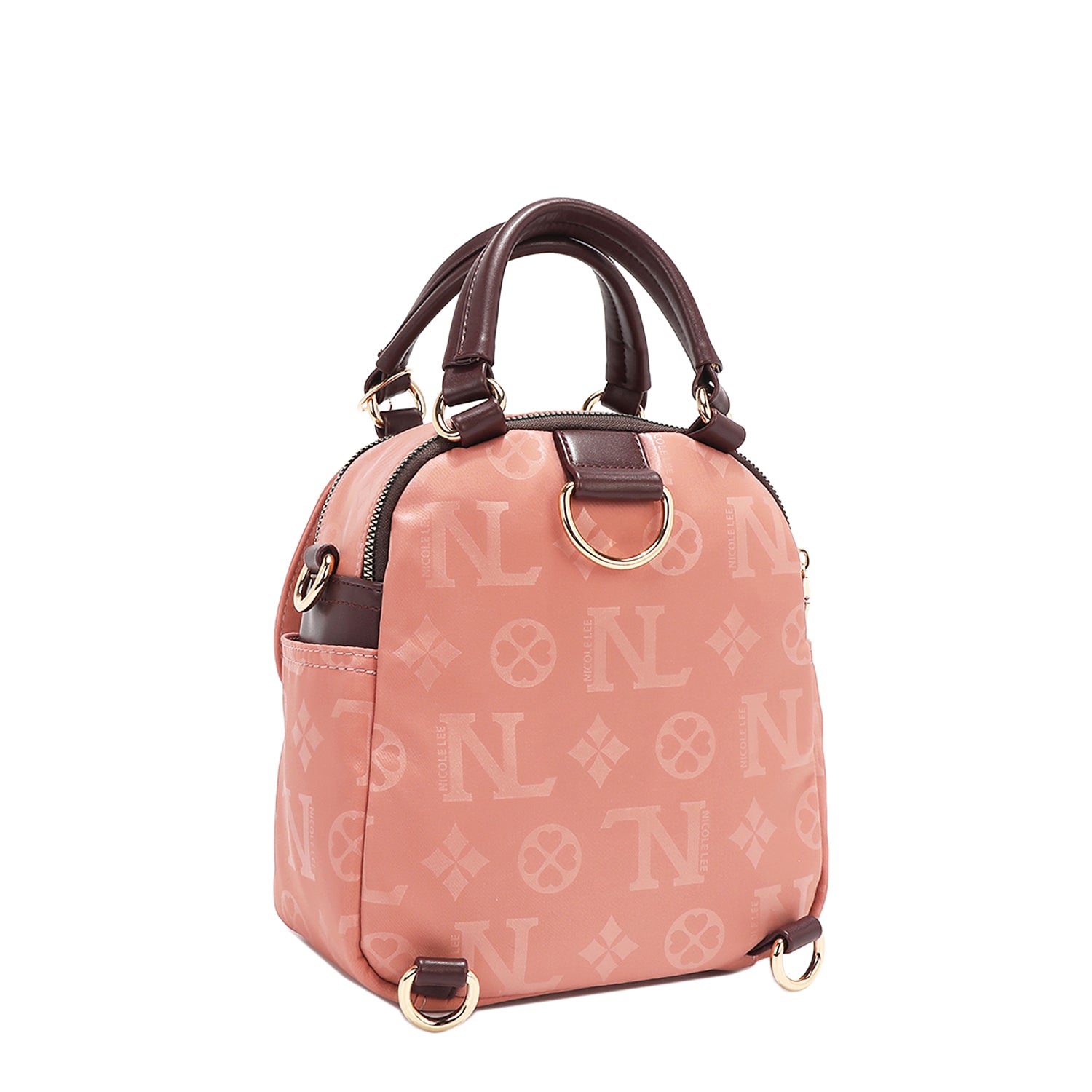 OUR NICOLE LEE MARGOT MULTI-WEAR DOME BAG IN PINK. HE BACK HAS d-RINGS FOR BACKPACK 