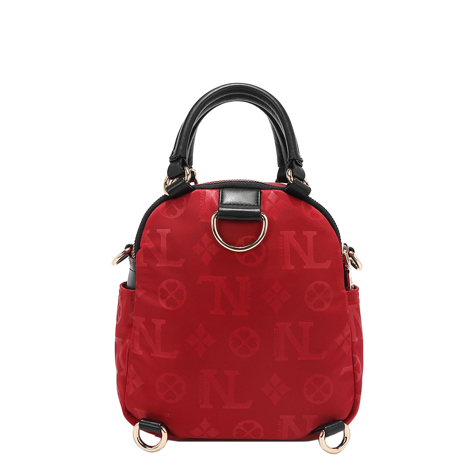 OUR NICOLE LEE MARGOT MULTI-WEAR DOME BAG IN RED. THE BACK HAS D-RINGS FOR BACKPACK OR CROSSBODY WEAR.
