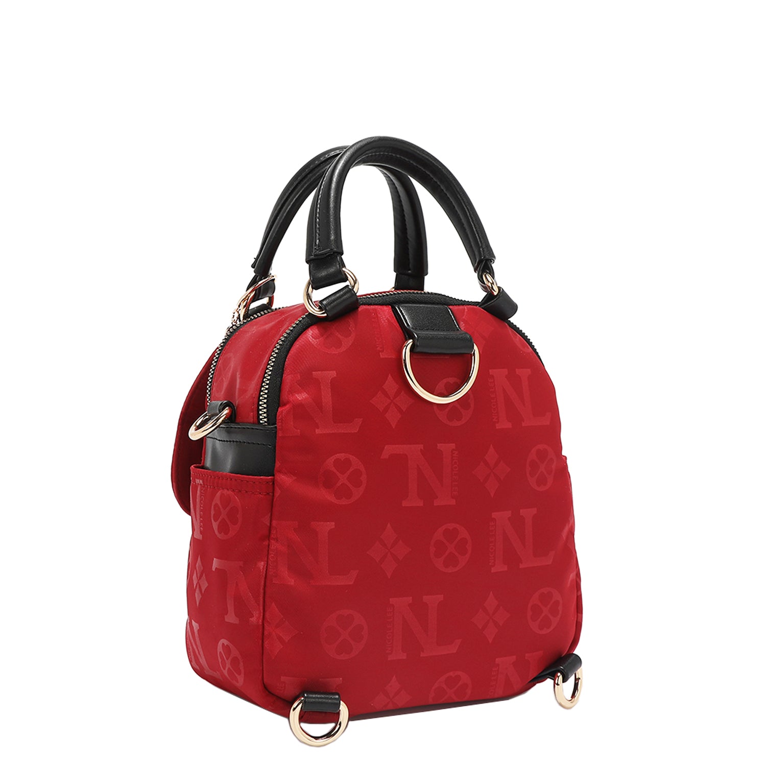 OUR NICOLE LEE MARGOT MULTI-WEAR DOME BAG IN RED. THE BACK HAS D-RINGS FOR BACKPACK OR CROSSBODY WEAR.