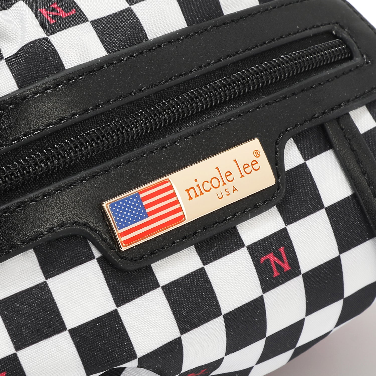 OUR NICOLE LEE LOGO FROM THE INSIDE WITH VEGAN LEATHER ACCETS AND CHECKERED  PRINT.