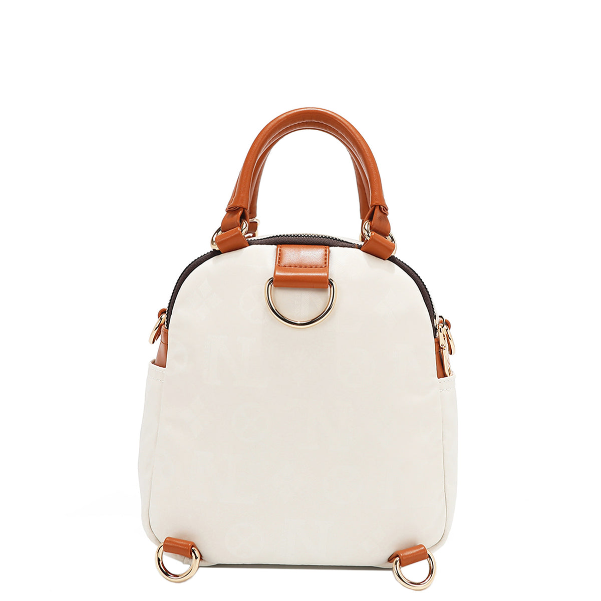 OUR NICOLE LEE MARGOT MULTI-WEAR DOME BAG IN WHITE. THE BACK HAS D-RINGS FOR BACKPACK OR CROSSBODY WEAR.
