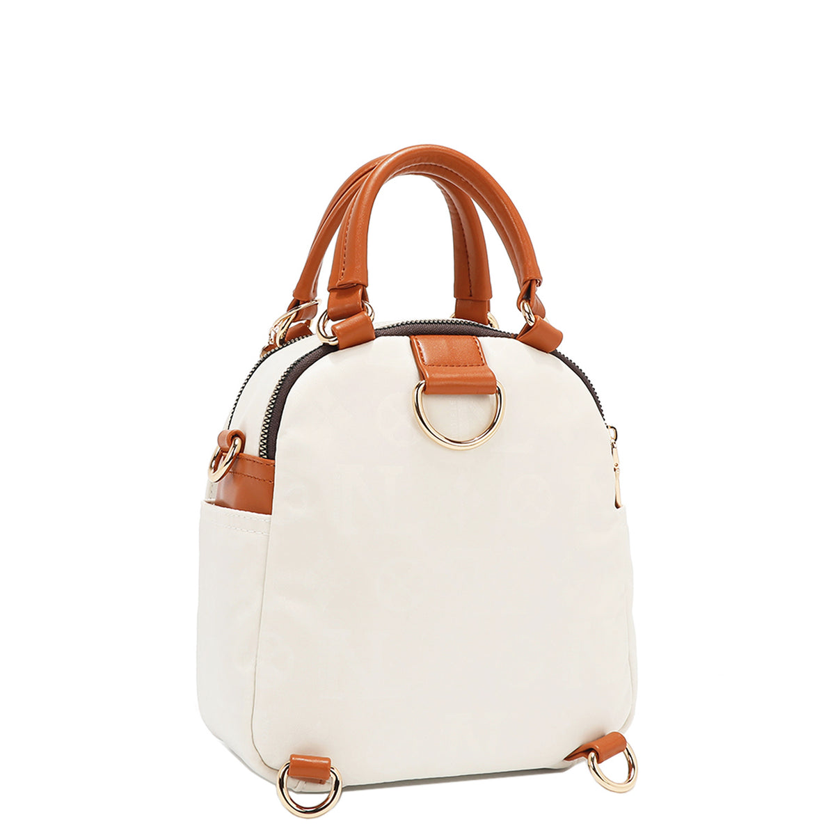 OUR NICOLE LEE MARGOT MULTI-WEAR DOME BAG IN WHITE. THE BACK HAS D-RINGS FOR BACKPACK OR CROSSBODY WEAR.